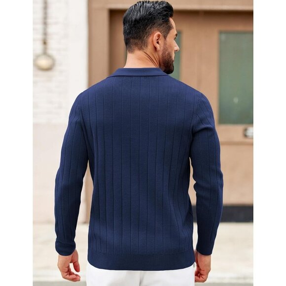 Coofandy Men Navy Blue Polo Long Sleeve V Neck Knit Lightweight Pullover Sweater - Picture 2 of 6